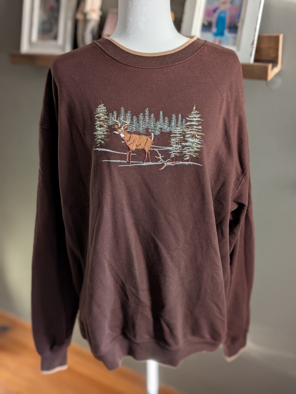 Vintage Brown Embroidered Deer Sweatshirt Womens XL Buck Forest Granola Cabincor